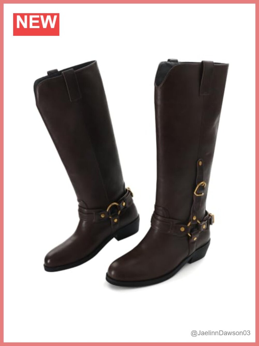 Women's Knee High Riding Boots Round Toe Low Heel Pull On Harness Detail